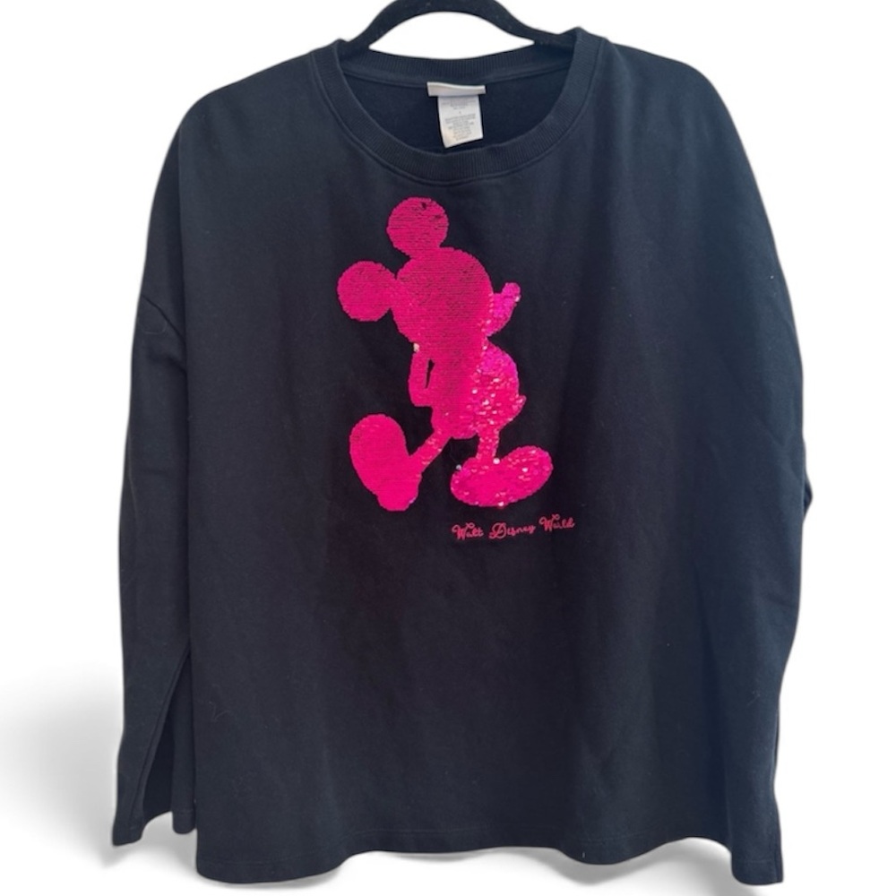 Disney womens Black Sweatshirt with Pink Sequin Design